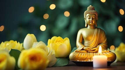 Asian spa ritual with Buddha statue yellow roses candles and serene ambiance for mental health and meditation