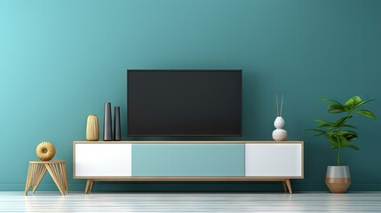 Modern living room with TV on blue wall 3D rendering