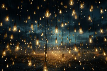 3D illustration of light bulbs falling from the sky in a rain-like pattern. Generative AI