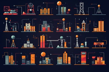 Icons depicting advanced urban infrastructure and interconnected devices. Generative AI