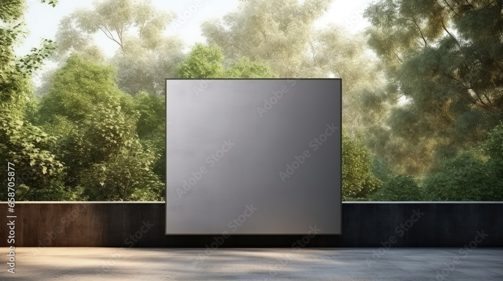 Poster Empty black poster on concrete building with trees and sunlight in the background Mock up