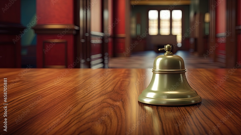Poster illustration of reception desk with key and bell in soft focus