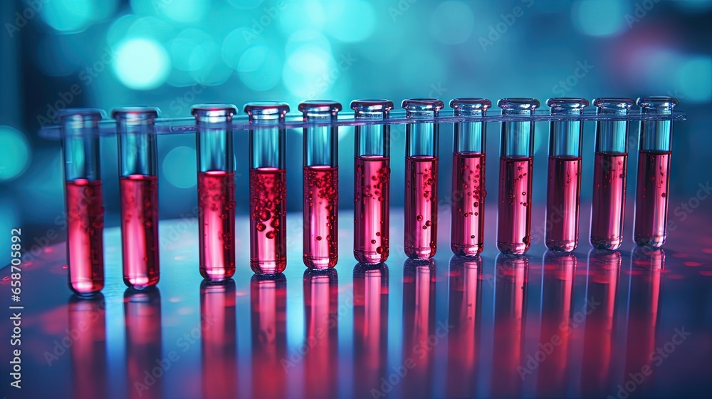 Aufkleber Close up macro photograph of a row of test tubes in a medical or science lab with a droplet being dropped into one against a blue and red background