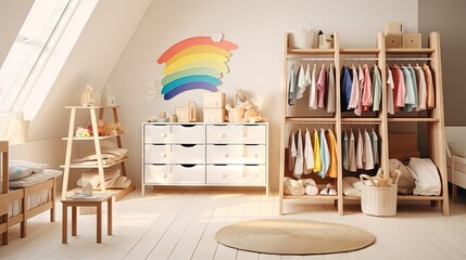 Montessori inspired nursery with clothing options and storage ideas