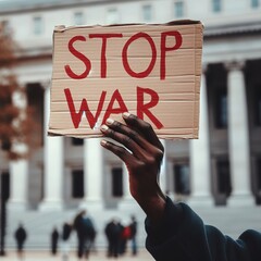 Manos levantado un cartel de cartón en el que se lee Stop War, para pedir el fin de la guerra