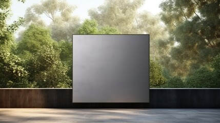 Empty black poster on concrete building with trees and sunlight in the background Mock up