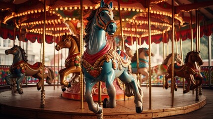 Fototapeta na wymiar Colorful carousel with pony rides