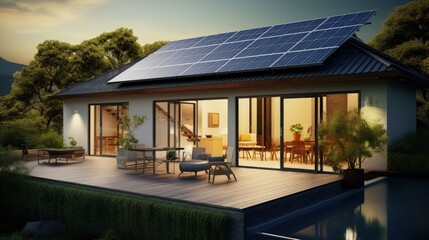 Home with rooftop solar panels actively generating energy