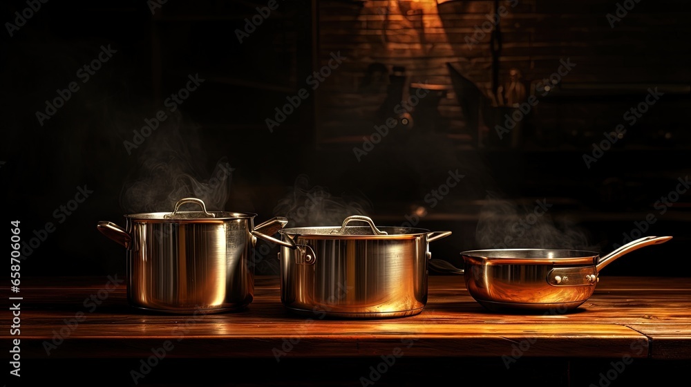 Poster Gleaming cookware on table against dark backdrop