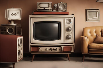 Nostalgia of old TV sets and broadcasting equipment for World Television Day (21st November) with retro couches to evoke the feeling of watching classic shows from the past