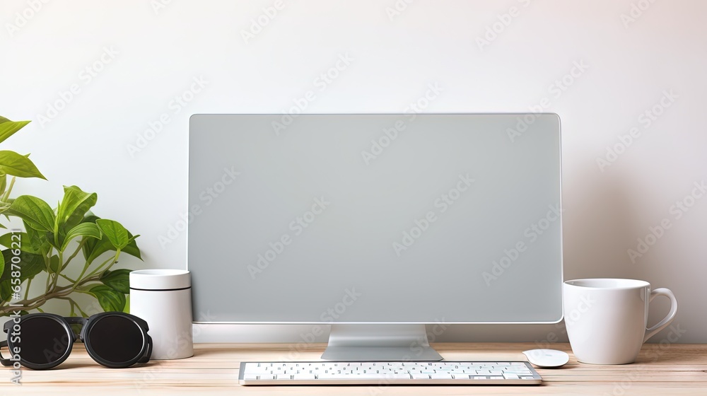 Poster Blank or white screen computer setup with monitor keyboard mouse and coffee cup on gym work table in morning light
