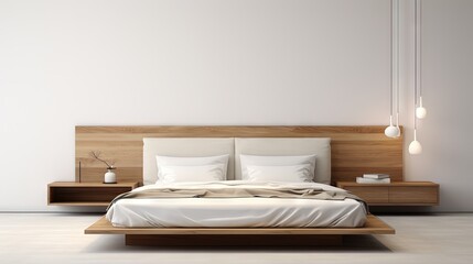 Modern minimalist interior design with a white project draft showcasing a wooden headboard velvet bed bedding pillows and carpet in a 3D illustration