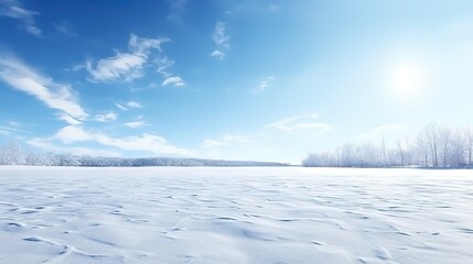 Bright snowy winter landscape with empty field space for display against a light blue icy sky