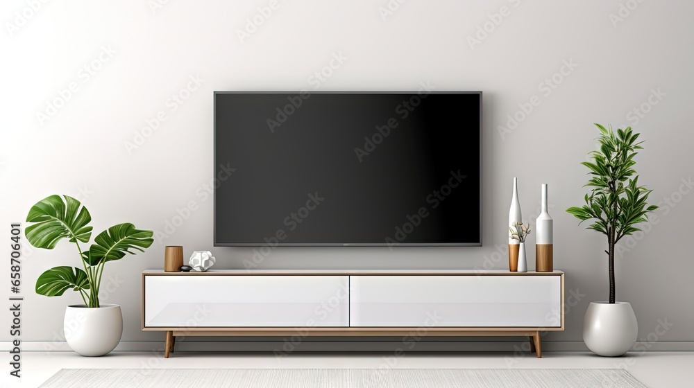 Poster create a 3d rendering of a decorated tv wall in a living room with a white wall