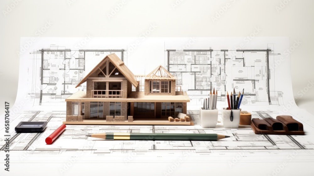 Poster architectural model with tools blueprint rolls on desk building construction and design concept