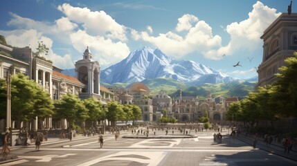 City square and mountain in summer