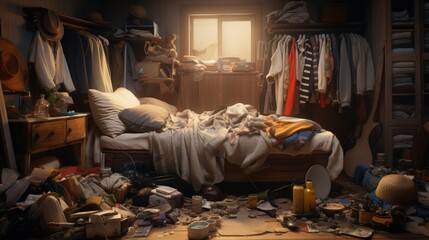 Messy room with winter clothes