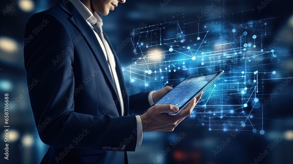 Poster Digital marketing and technology security in finance and banking involving online shopping and customer network with a businessman using a tablet to access banking data on a network