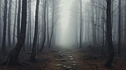 Misty morning in eerie forest with fog