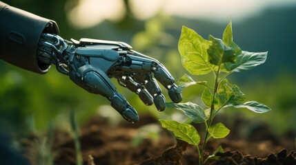 A robot arm planting a tree in a green field. - obrazy, fototapety, plakaty