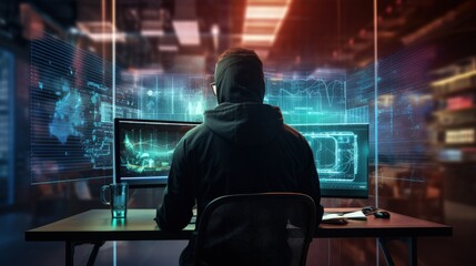 Hacker using computer with business chart on office background depicting online banking safety hacking and finance