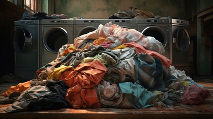 Dirty laundry awaiting washing in an industrial laundry - obrazy, fototapety, plakaty