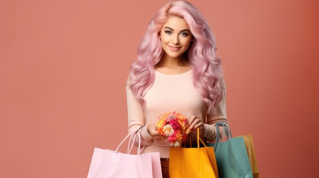 Cheerful beautiful woman, smiling cute girl with long colorful hair has pleasant smile holding shopping bags, discusses amazing promo over isolated soft pink background, Generative AI