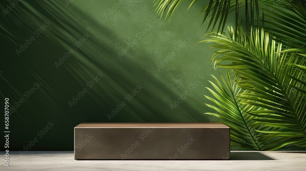 Poster 3d rendering of a minimalist wooden podium with a palm leaf shadow on a green concrete wall backgrou