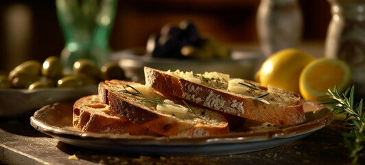 Slices of bread with olives, rosemary and salt. Generative AI.