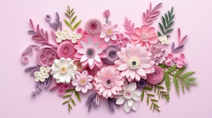 Handmade hobby Quilled paper and elements on pink background viewed from above