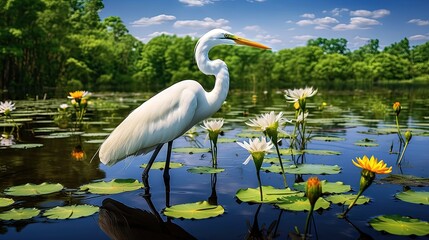Great Egret in marsh water among white blooming water lilies at Lacassine Wildlife Refuge Louisiana