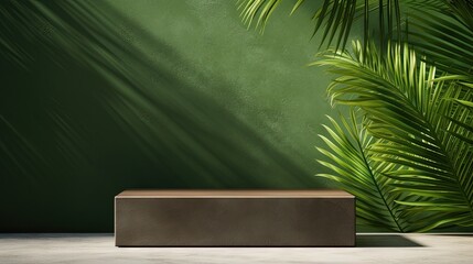 3D rendering of a minimalist wooden podium with a palm leaf shadow on a green concrete wall background