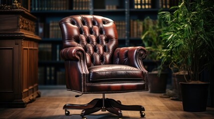 Vintage leather home office chair with wooden armrests and wheels.