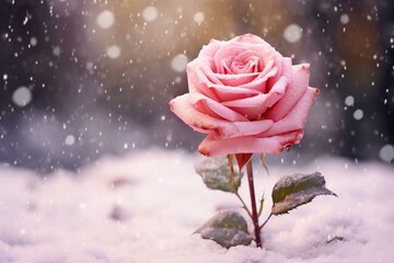 Blooming pink rose surrounded by snowfall. Generative AI
