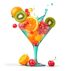 Tropical fruits falling into cocktail glass background. Colorful pieces 3d purple mango with pineapple and citrus drop with digital design and natural glow