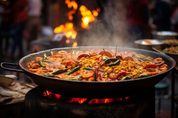 A sumptuous paella, ingredients glistening invitingly, is set against the vibrant, blurred backdrop of a teeming Spanish marketplace.