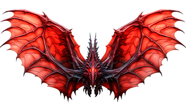 Red demonic wings background. Open 3d spooky wing with webbed and bone spooky joints covered in leather for sinister fantasy design