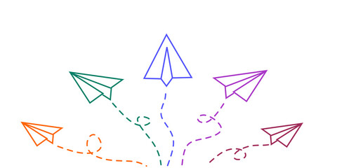 One line group of paper planes flying in one direction and one turning in another direction. Business concept for new ideas, innovative solution and creativity.