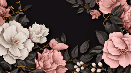 Detailed illustration of pink and white flowers with lush green leaves against a dark background