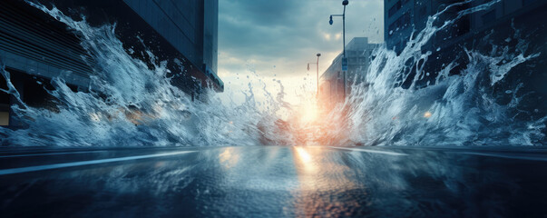 Water burst in city fountain. Problem on street with water stream fountines. - obrazy, fototapety, plakaty