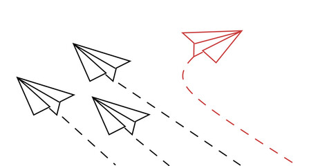 Group of paper planes flying in one direction and one turning in another direction. Business concept for new ideas, innovative solution and creativity.