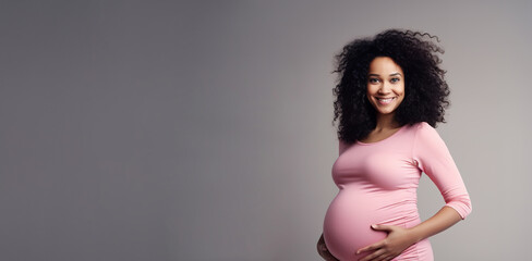banner pregnant black woman in pink dress holds hands on belly , Pregnancy, maternity, preparation and expectation, copyspace for text, generative ai. - obrazy, fototapety, plakaty