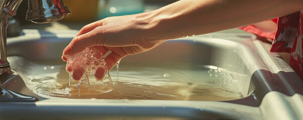 Housewife washes hands or dishes detail. Cleaning Hands. hygiene concept. - obrazy, fototapety, plakaty