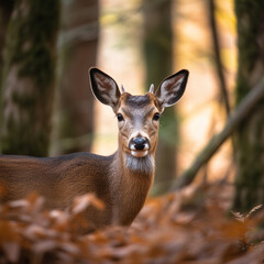 Obraz premium Serene Encounter: Doe in the Autumn Woods,deer in the woods,deer in the forest