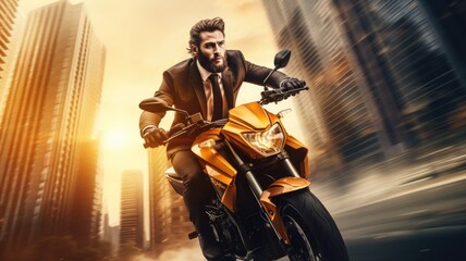 A man riding a yellow motorcycle