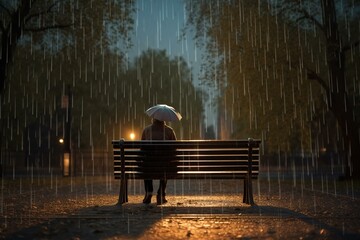 Person seated on park bench amid rainy weather, depicted through 3D rendering. Generative AI - obrazy, fototapety, plakaty