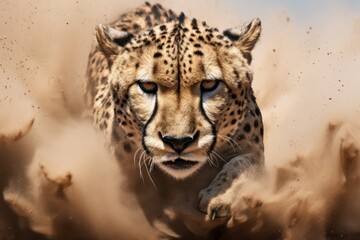 A cheetah sprinting through the dusty wilderness
