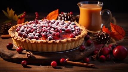 Pumpkin pie and cranberries on a rustic wooden table.