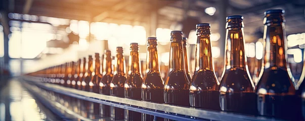 Fototapeten new bottles on conveyor belt in beer factory. Disinfection process and filling bootles. © Michal