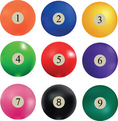 multi-colored billiard balls with numbers on a transparent background
